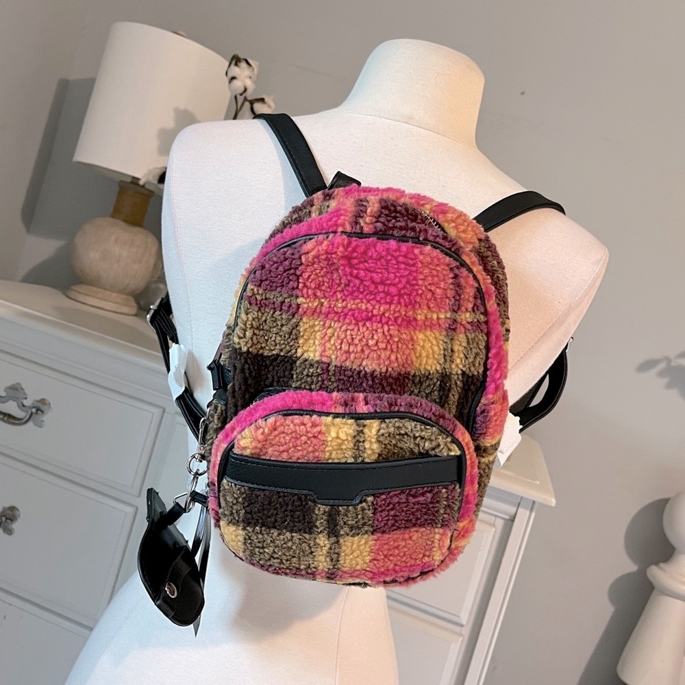 Pink Sherpa Plaid Crossbody Purse Multi section Backpack Womens Girls Travel Bag